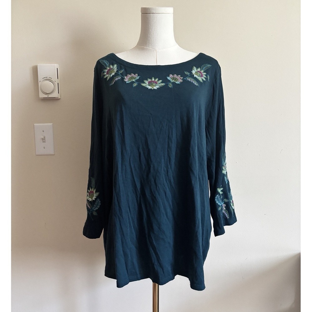 J Jill XL Floral Embroidered Top Boho Hippie Teal Green Cotton Garden Cottage
